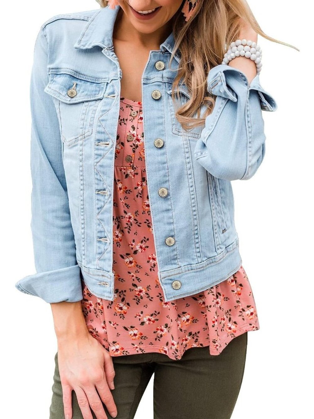 Women's Blue Long Sleeve Classic Front Button Chest Pockets Denim Jackets Casual